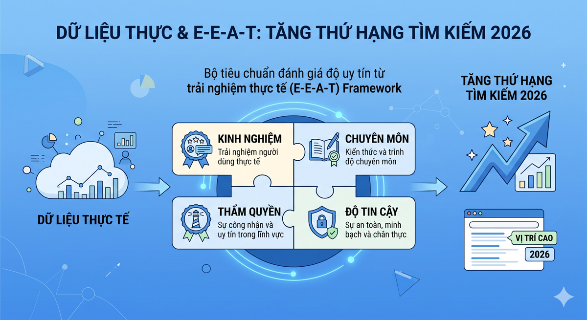 Nội dung “Thực Chiến” giúp doanh nghiệp đạt trị thứ hạng cao trong tìm kiếm - Tiêu chuẩn SEO uy tín năm 2026 2 Bộ tiêu chuẩn đánh giá độ uy tín từ trải nghiệm thực tế (E-E-A-T)