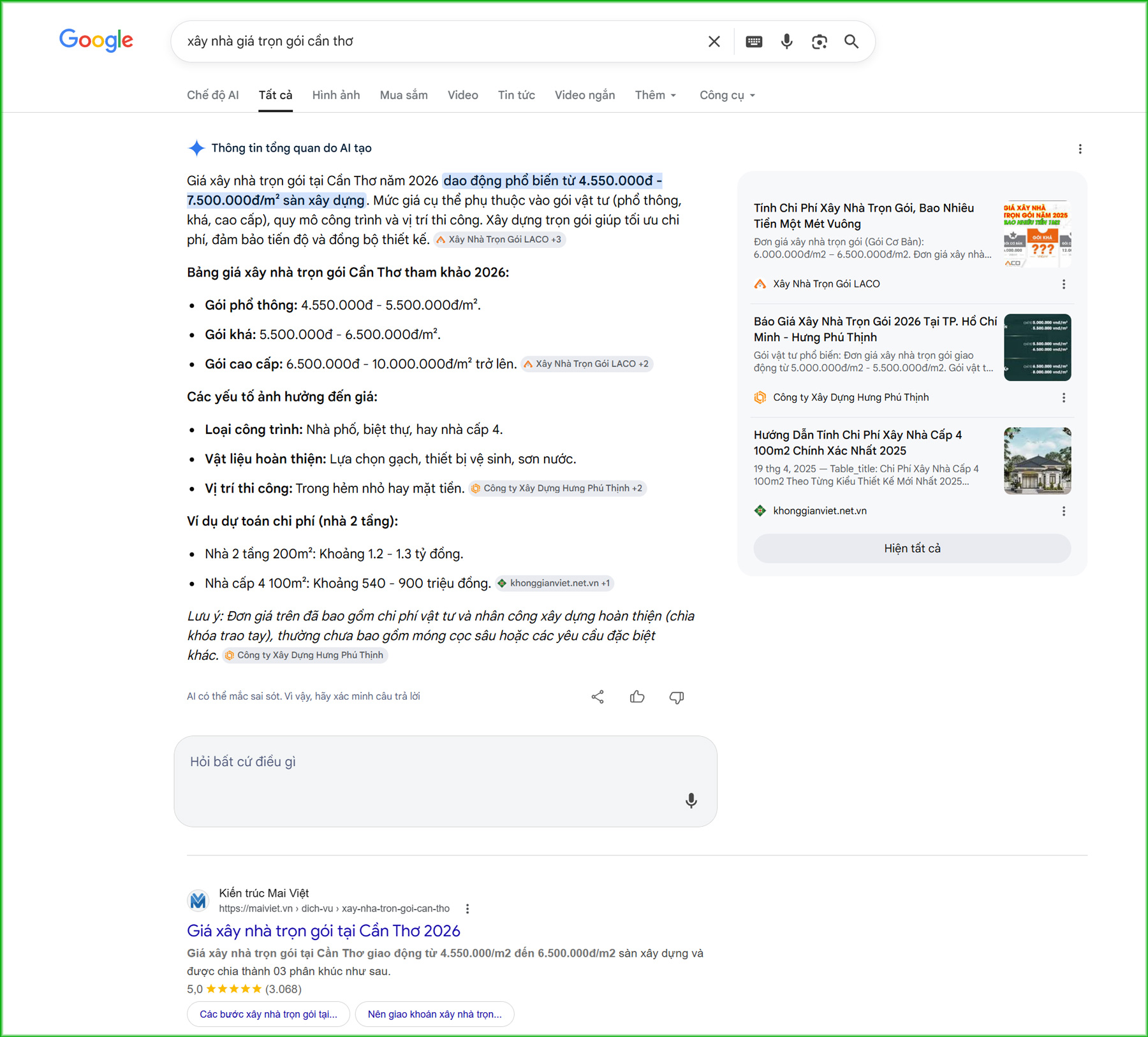 GEO là gì? hướng dẫn từng bước tối ưu website để được các công cụ AI trích dẫn nguồn 2 (Mô tả hình ảnh: Giao diện câu trả lời trực tiếp được tổng hợp bởi trợ lý AI)
