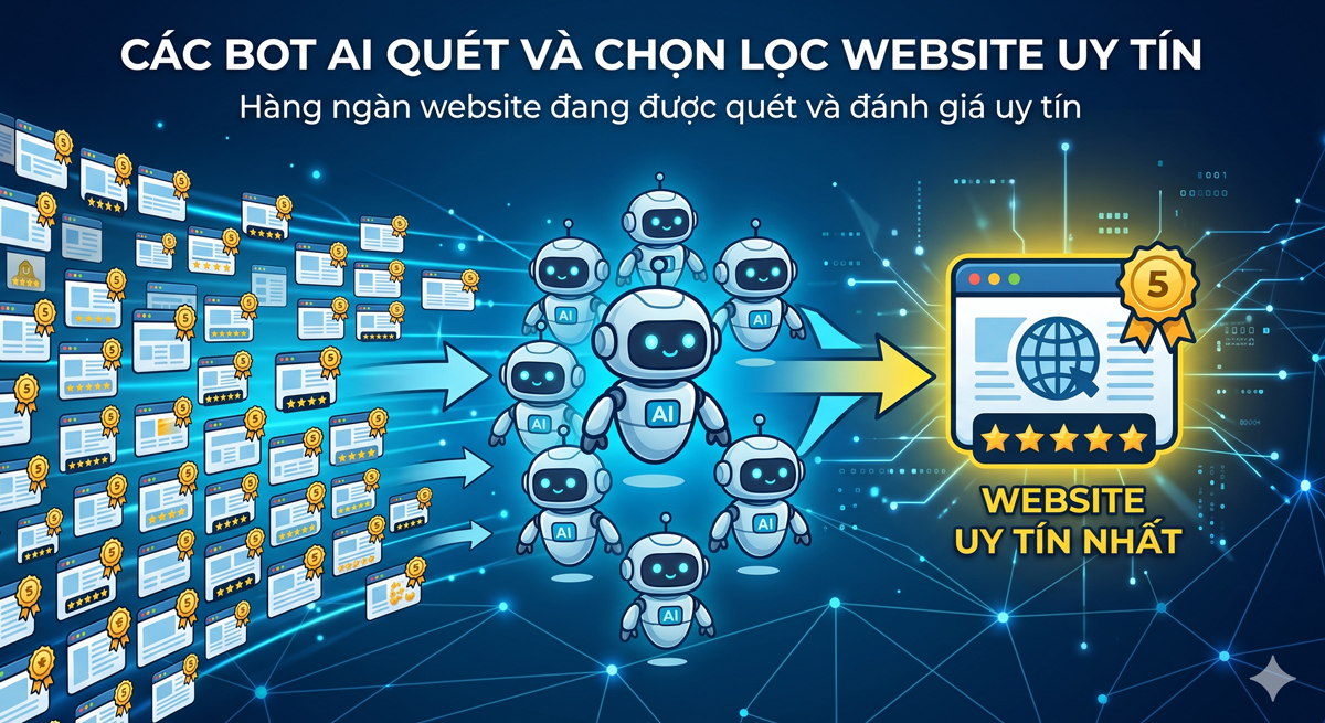 Làm sao để doanh nghiệp lọt vào “Mắt Xanh” Trợ Lý Ảo? Tiêu chí chọn lọc tài liệu của Bot AI năm 2026 1 (Mô tả hình ảnh: Các Bot AI đang quét qua hàng ngàn website và chọn lọc ra website có thông tin uy tín nhất)