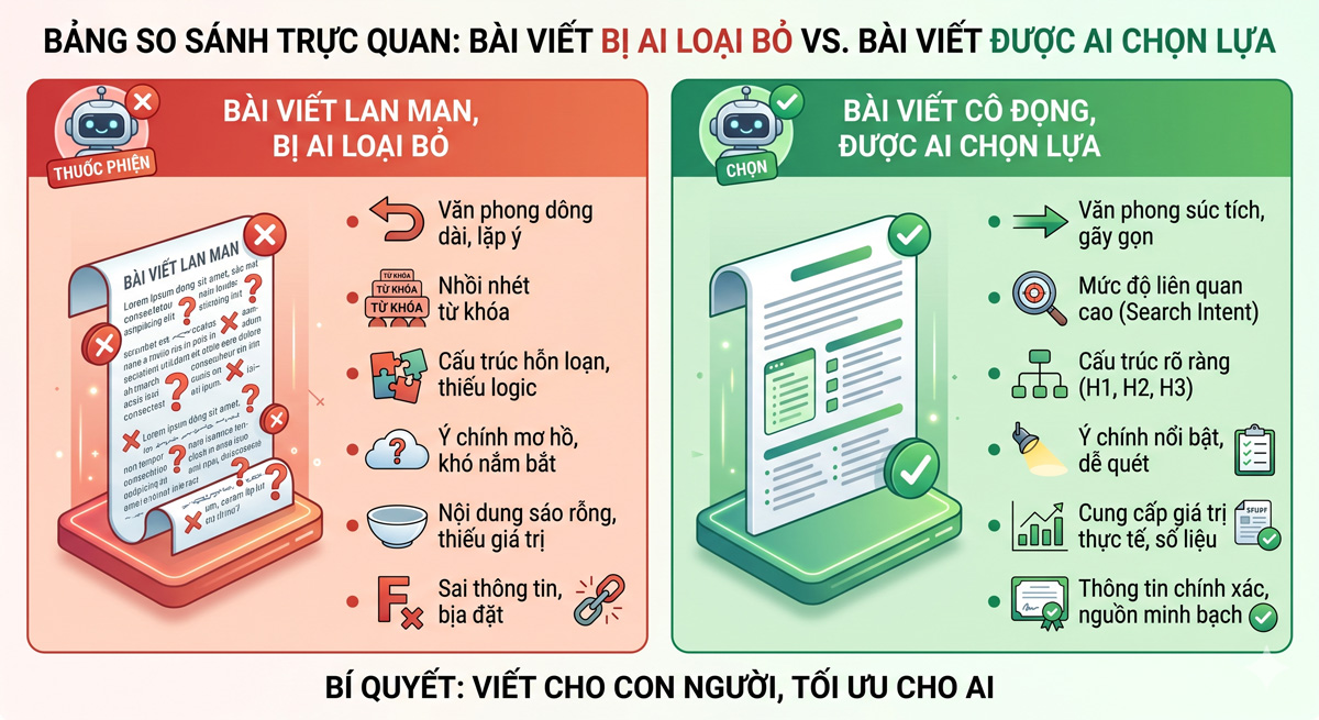 Làm sao để doanh nghiệp lọt vào “Mắt Xanh” Trợ Lý Ảo? Tiêu chí chọn lọc tài liệu của Bot AI năm 2026 3 (Mô tả hình ảnh: Bảng so sánh trực quan giữa một bài viết lan man bị AI loại bỏ và một bài viết cô đọng được AI chọn lựa)