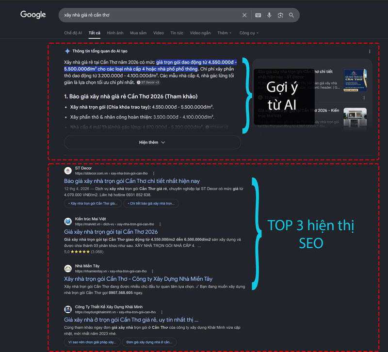 SEO Web năm 2026: kỷ nguyên của AI và lợi thế cạnh tranh từ "Trải Nghiệm Thực Tế" 1 (Mô tả hình ảnh: Ảnh chụp màn hình giao diện kết quả tìm kiếm hiện đại của Google)