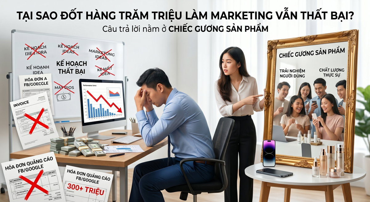 Tại sao đốt hàng trăm triệu làm Marketing vẫn thất bại? Câu trả lời nằm ở chiếc gương sản phẩm 1 Bạn bắt đầu nản và nghĩ: “Chắc làm marketing online không hiệu quả với ngành của mình”.
Ảnh được tạo từ AI