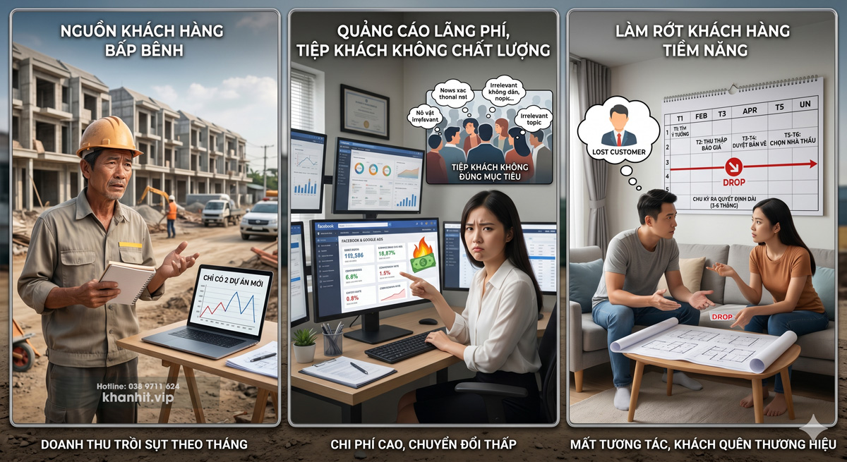 Giải pháp Marketing ĐA KÊNH cho ngành xây dựng dân dụng năm 2026 2 Nguồn khách hàng không ổn định ảnh tạo từ AI