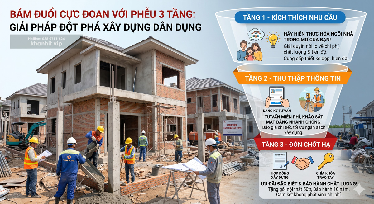 Giải pháp Marketing ĐA KÊNH cho ngành xây dựng dân dụng năm 2026 3 Phiểu 3 tầng lọc khách hàng tiềm năng Hình ảnh tạo từ AI