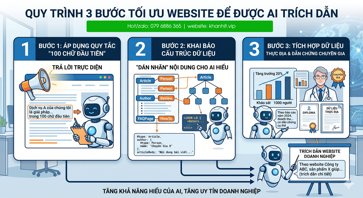 GEO là gì? hướng dẫn từng bước tối ưu website để được các công cụ AI trích dẫn nguồn 3 Quy trình 3 bước tối ưu website để được AI trích dẫn
Ảnh được tạo từ AI