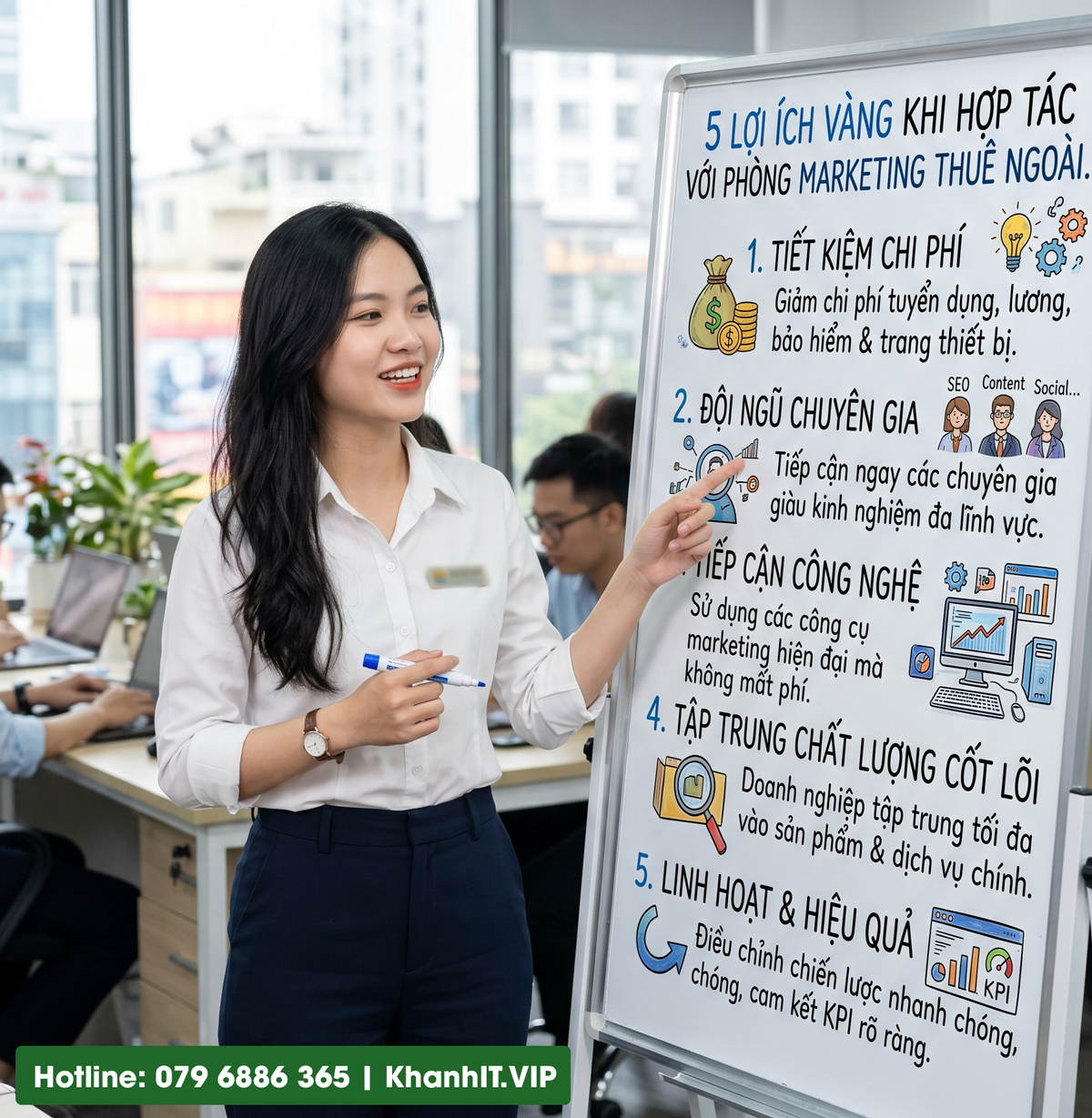 Dịch vụ Marketing thuê ngoài: Lời Giải Cho Bài Toán Tối Ưu Ngân Sách & Bứt Phá Doanh Thu 5 5 Lợi Ích Vàng Khi Hợp Tác Với Phòng Marketing Thuê Ngoài
Hình ảnh tạo từ AI