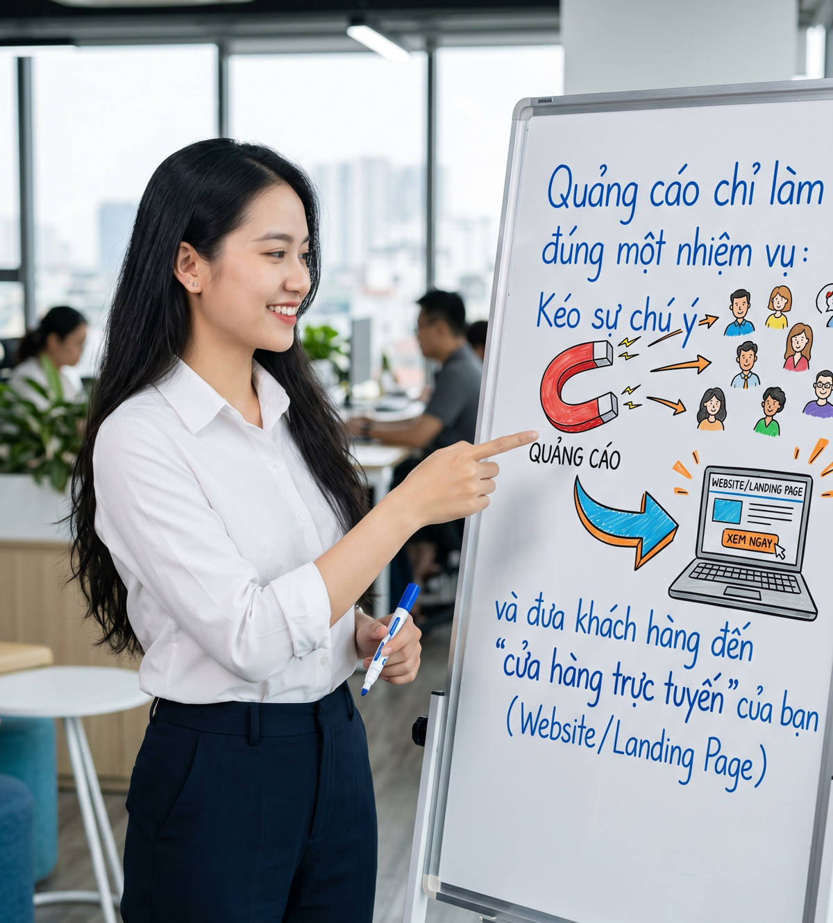 Kéo sự chú ý và đưa khách hàng đến "cửa hàng trực tuyến" của bạn (Website/Landing Page)
Hình ảnh tạo từ AI