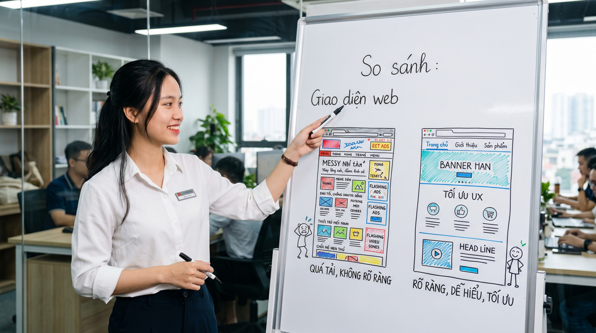 So sánh giao diện web không tối ưu và tối ưu UX/UI Hình ảnh tạo từ AI