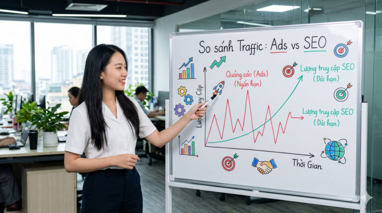 Khi khách hàng tự gõ cửa, sức mạnh của việc dứng TOP 1 Google so với "Cắn Răng" đốt tiền cho quảng cáo Ads 2 So sánh chạy quảng cáo Ads và SEO website Hình ảnh được tạo từ AI